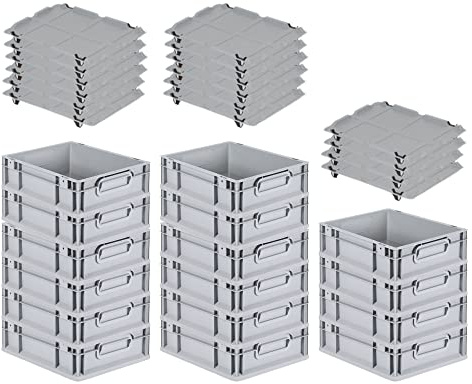 PROREGAL SuperSparSet 16x Eurobox NextGen Grip mit Auflagedeckel & 4 schwarzen Schiebeschnappverschlüssen, HxBxT 12x30x40cm, 11 L, Grau, Griffe geschlossen, Eurobehälter, Transportbox