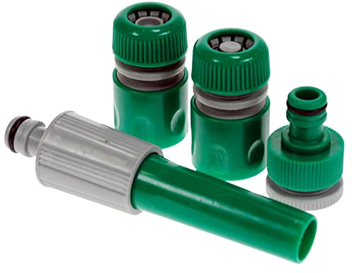 Hardys 4pc Garden Hose Connector & Nozzle Set - 2 End Fittings, 8-Setting Spray Nozzle, 1/2 to 3/4 Tap to Hose Pipe Connector - Garden Hosepipe Attachments Set, Green, Grey