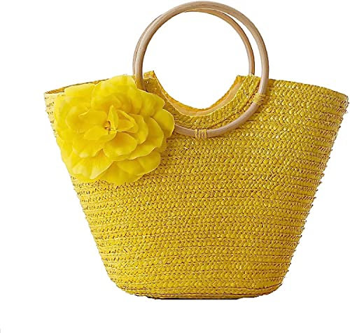 Sac à main en paille pour femme - Sac fourre-tout fait à la main - Grand sac à main en paille - Sac de plage en rotin tissé, jaune