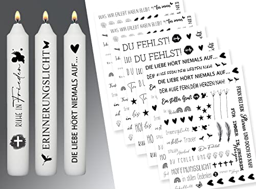 Sugeru® 6 X DIN A5 Trauer kerzenfolie(200+ Muster), Kerzentattoo Wassertransferdruck | wasserschiebefolie kerzen | kerzenaufkleber sticker | Kerzen dekorieren|Trauerlicht|Gedenklicht|Trostkerze