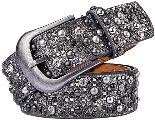KABELIF Damen Nieten Gürtel Funkelnden Strass Nietengürtel Western Ledergürtel Cowgirl Bling Gürtel für Jeans Hosen (Grau, 110cm)