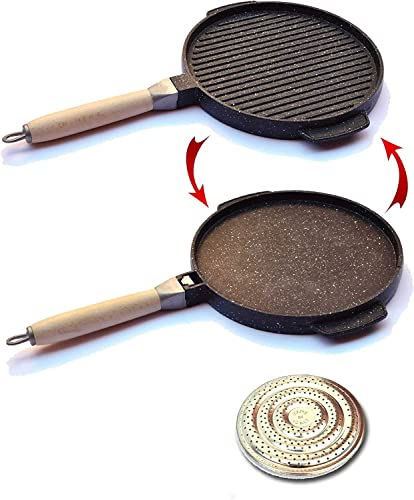 Padella Grill Doppia Antiaderente Ø26 cm per Piadina Testo Umbria Marche, verdure pesce carne, Alluminio – Compreso Spargi Fiamma