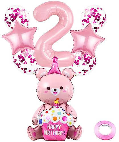 Weenkeey 2 Jahre Bären Geburtstag Deko Große Bär Folienballon 2. Geburtstag Bär Ballon Rosa Zahl 2 Luftballon für Mädchen Jungen Geburtstag Party