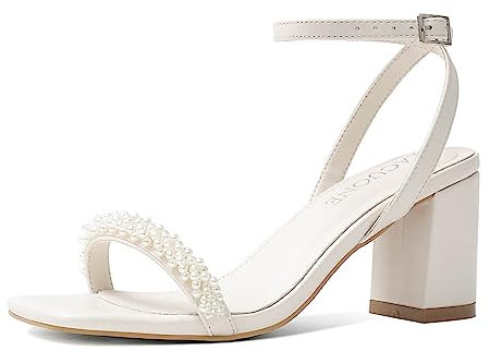 LACUONE Riemchensandalen für Damen, Blockabsatz, Knöchelschnalle, quadratische Zehenpartie, Absatz, Sandalen, Perlweiß (Pearl White), 38 EU