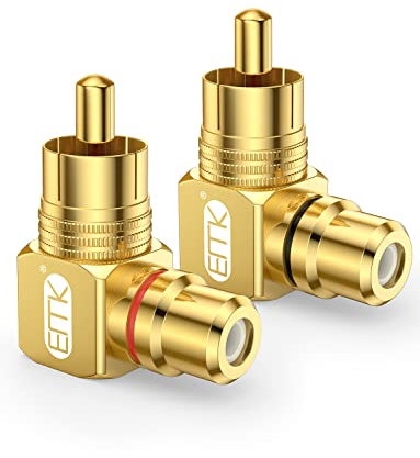 EMK 90 Degree RCAAudio Adapter 2-Pack RCAAudio Male to RCAAudio Female Right Angle Adapter Gold-Plated Plug Connector for Home Theater, HDTV, Amplifiers, Hi-Fi Systems