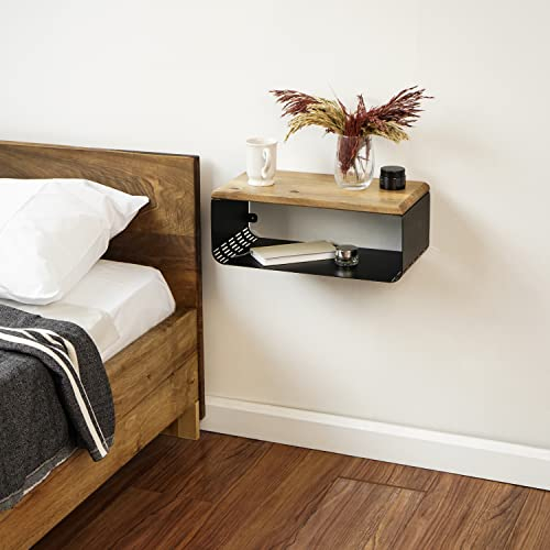 Schwebender Nachttisch mit Walnuss-Oberseite | Moderne Schlafzimmerdekoration | Minimalistischer Wand-Nachttisch | Wandmontiertes Regal | Obsidian-Oase: kräftiges Schwarz