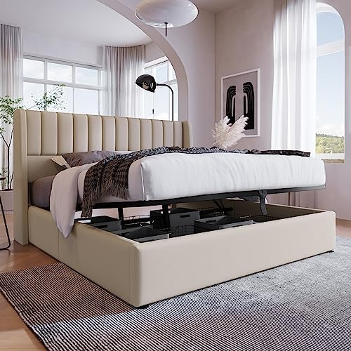 Merax Polsterbett 140 x 200cm, Hydraulisch Doppelbett mit Lattenrost & Bettkasten, Stauraumbett mit Kopfteil, Metallrahmen, Leinen, für Erwachsene & Jugendliche, ohne Matratze, Beige-Streifen