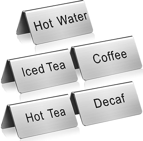 Hicarer 5 Pcs Stainless Steel Table Tent Sign Coffee and Tea Sign Beverage Table Display Tent Signs for Party Buffet Restaurant Banquet Wedding Indoor Outdoor, 2.99 x 1.5''