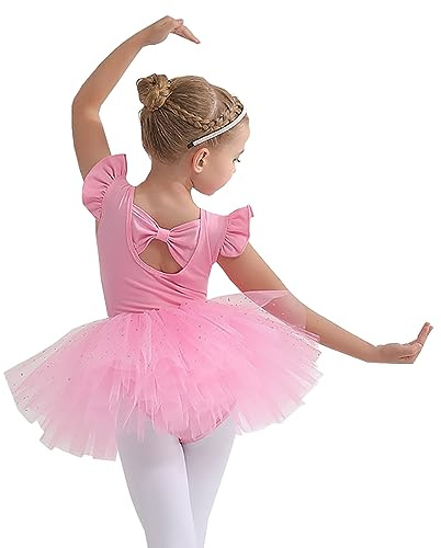 Girls Ballet Dress Ballet Leotard for Girls Gymnastics Dance Leotard with Chiffon Skirt Ballet Leotard Ruffle Cuffs Cotton Ballet Outfit Gymnastics Leotard Costume,110,Pink