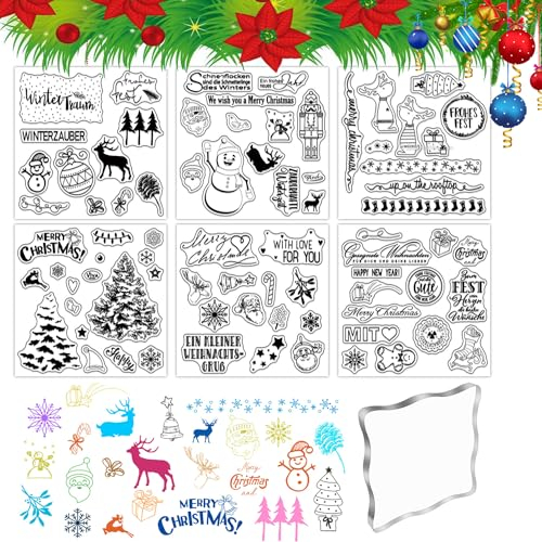 Silikonstempel Clear Stamp Weihnachten Deutsch Sprüche Set Stempel Silikon Clear Stempel Stempelset mit Stempelblock für DIY Dekoration Bullet Journal Scrapbooking Fotoalbum 6 Stück