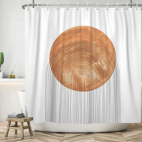 ASDCXZ Rideau de Douche Boho 180x200 cm, Style Boho Abstrait Moderne Orange Marron Soleil Ligne Noire Blanc Lavables Textile Rideau de Bain imperméable pour Baignoire avec 12 Crochets