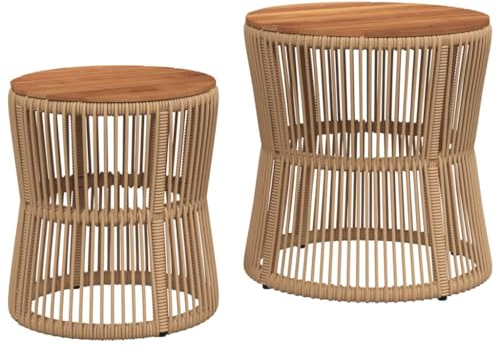 vidaXL Garten Beistelltisch 2 STK., Tisch mit Holzplatte, Gartentisch mit Stahlgestell, Terrassentisch Gartenmöbel Gartengarnitur, Beige Poly Rattan