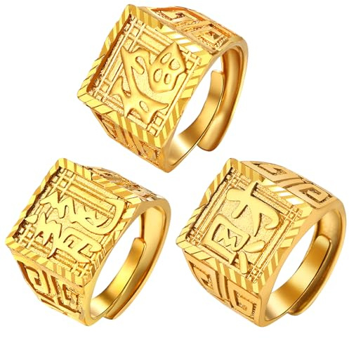 OIDEA Herren Offener Ring Gold: 3/4 Stück Ringe Set Band Siegelring Bandring Vergoldet Wohlstand Reichtum Glück Reich aus Messing Schmuck Vatertag Geburtstag Geschenk für Männer Vater