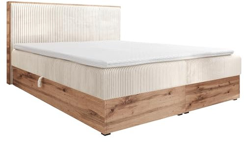 FURNISTAR Boxspringbett TILIA Doppelbett mit Bonellmatratze Bett mit Topper und Bettkasten Cord Stoff Polsterbett mit Kopfteil Modern Schlaffzimmer Wotan Plattet (160x200 Beige)