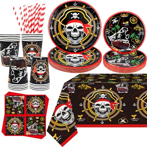 Obussgar Décorations d'Anniversaire Pirate - Accessoires de Fête avec Assiettes, Tasses, Serviettes (20 Pièces)