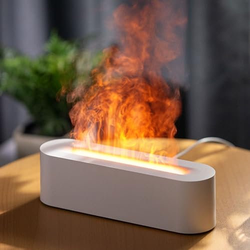 Flammen Aroma Diffuser, Upgrade 7-Farben-Licht Diffuser ätherische öle, Luftbefeuchter Humidifier DuftöL Diffuser für Kinder, Zuhause Büro, Raumduft - 4 Timer und Wasserlose Abschaltautomatik - Weiß
