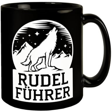 Wolf heult Mond an Rudelführer Tasse Tasse mit weißer Silhouette von Bergen Nachthimmel und Sternen perfekt für Anführer, Chefs und Naturfreunde
