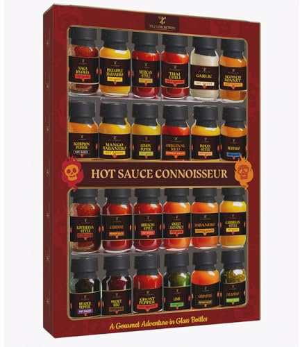 Tilz, Hot-Sauce-Geschenkset | 24er-Pack Hot-Sauce-Challenge, Chilisaucen-Geschenkset | Hot-Sauce-Kollektion, Lebensmittelgeschenke für Männer | Frauen – Cayenne, Sriracha, Scotch Bonne, BBQ, Chipotle