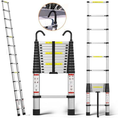 Telescopic Ladder 5m, Automatic Locking, Free Height Adjustment, Aluminum Ladder with 2 Hooks,Load 150kg, Lightweight and Durable