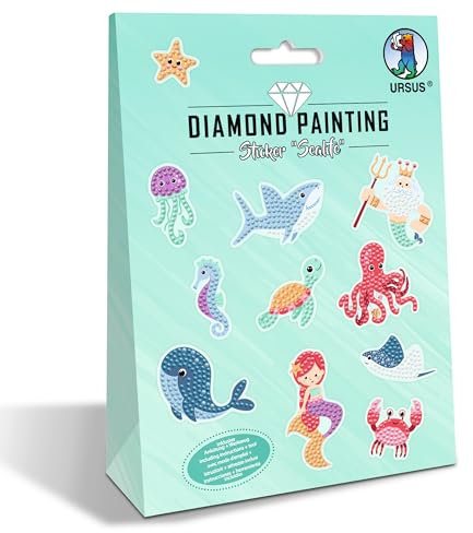 Ursus 43500012 - Diamond Painting Sticker Sealife, Aufkleber mit verschiedenen Designs, Bastelset mit 2 Stickerbogen und passendem Werkzeug, 15 x 10 cm