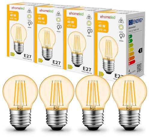 ehomeled E27 LED G45 Mini Glühbirne Extra Warmweiß 2300K, Goldenes Glas & Retro-Filament, 470lm 4W (=40W), Dekorative LED Lampe für Restaurant & Bar, 4er-Pack