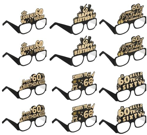 12 Stück 60. Geburtstag Brille Papier Geburtstag Party Dekoration Supplies Schwarz Gold Brillen Lustige 60. Geburtstag Foto Requisiten Vintage Geburtstag Kostüm Zubehör für Männer Frauen 50 Jahre alt