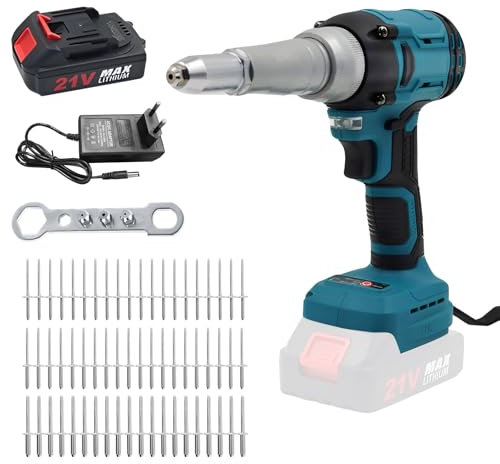Akku Nietzange mit 2000mAh Akku, 2200rpm Elektrisches Nietwerkzeug Automatischer Nietmutter Handwerkzeug mit 60 Nieten(M3.2 * 16/M4*16/M4.8 * 16)