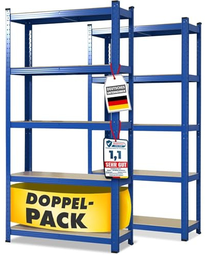 OfficeMarshal Doppelpack Schwerlastregale blau,180 x 90 x 40 cm | Steckregal, Lagerregal, Standregal, Stecksystem ohne Werkzeug montierbar (Lakota)