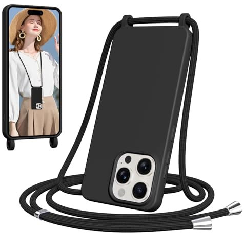 Woijrly Coque pour iPhone 13 Pro Max avec Cordon, Collier Étui Silicone avec Tour de Cou Lanière Corde Bandouliere Case, Réglable, Amovible Chaine, Antichoc Bumper Housse, Noir