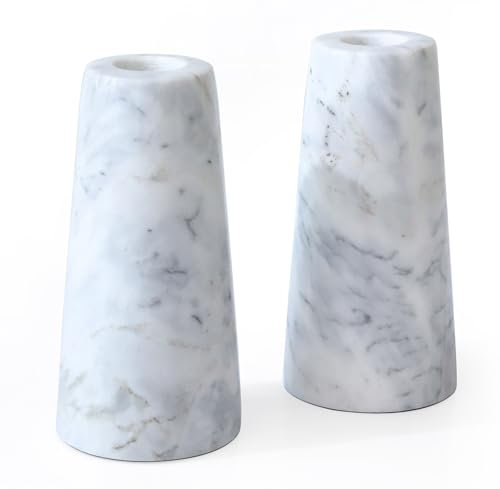 HofferRuffer Marmor-Kerzenhalter, Set mit 2 Naturstein-Kerzenhaltern, dekorativer Kerzenständer für Hochzeit, Abendessen, Party, Tischdekoration, passend für 1,9 cm dicke Spitzkerzen (Grauweiß)