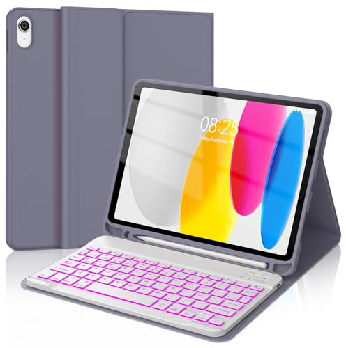 WAVATA Funda con Teclado para iPad 10 Generación 2022/11 Generación A16 2025, QWERTY Español Ñ, Retroiluminado Bluetooth Desmontable Teclado para iPad 11 Generación A16 2025- Lavanda
