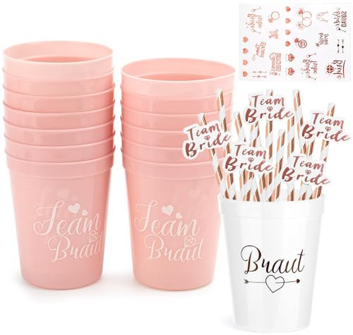 JGA Becher Accessoires Team Braut Tassen Wiederverwendbar Bride to be Schnapsgläser Bachelorette Party Cups mit Strohhalme Junggesellenabschied Frauen Verlobungsfeier(14 Stück)