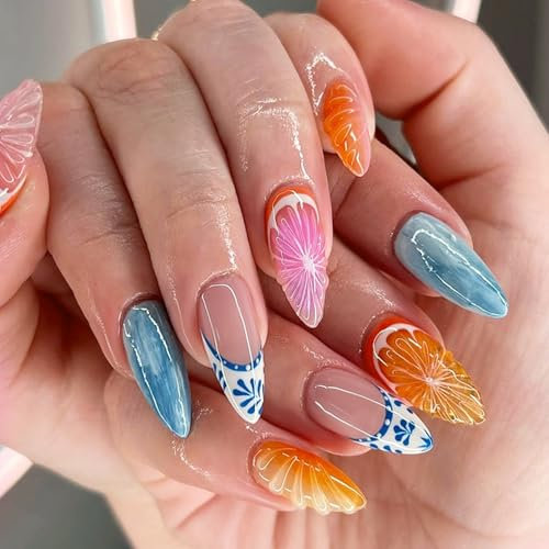Almond False Nails Medium Long - 24Pcs French Fake Nail with 3D Summer Colorful Fruits Nail Art - Glossy Full Cover Press on Nails - Stick on Nails for Women Girls Valentines Days Nails Art
