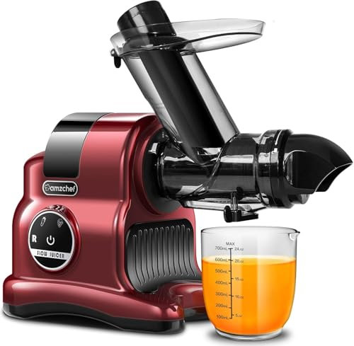 AMZCHEF Exprimidor de zumo lento Exprimidor profesional de prensado en frío de 150W, 80mm con 2 modos de velocidad& rebobinado, exprimidor sin BPA para frutas enteras verduras, Rojo