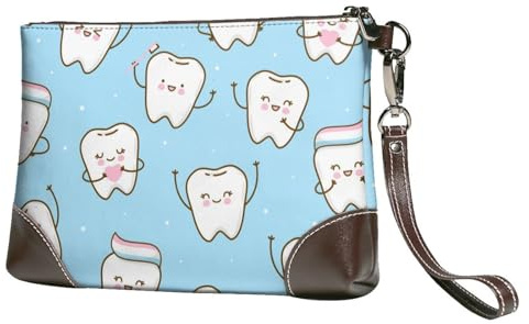 EgoMed Niedliche Cartoon-Zähne,Handgelenktaschen PU-Leder Clutch Damen Reißverschluss Geldbörse Brieftasche Handtasche mit Handschlaufe