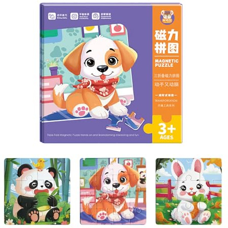 Magnetpuzzle ab 2 Jahre, Jedes Set Besteht aus DREI Puzzles, Nämlich 9, 12,16 Teilen, Die Zum Spielen am Flughafen und im Auto Geeignet Sind Kinder Geburtstags Geschenk (Kaninchen/Panda/Hund)