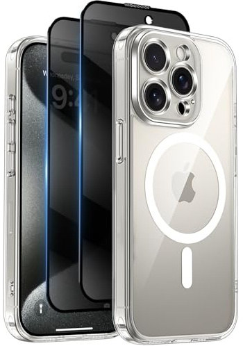 Qasyfanc for iPhone 15 Pro Max Case, Privacy Screen Protectors X2, Clear | Compatible with MagSafe, Camera Protection, 15FT Military Drop Protection, Rugged Shockproof Transparent Phone Cover