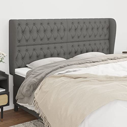 Owoxanthellate Bettkopfteil mit Ohren 183x23x118/128 cm Dunkelgrau, Höhenverstellbar, Recamiere-Stoff & massives Lärchenholz, Modernes Design & Bequemer Wandschutz für Schlafzimmer