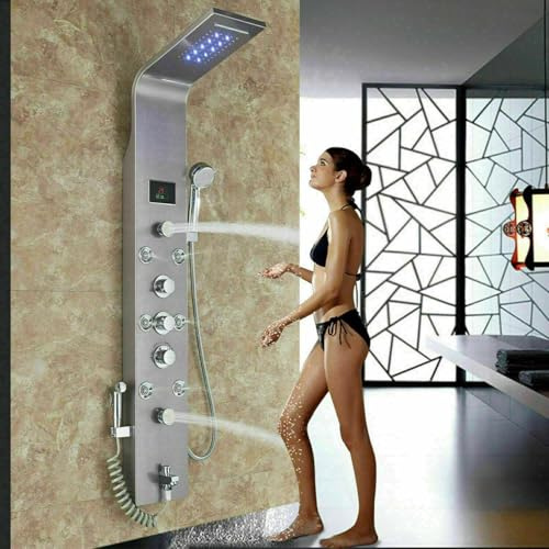 Llffssdg Columna de Ducha con Pantalla LCD Sistema de Hidromasaje 3 en 1 Acero Inoxidable Cepillado Cabezal de Lluvia Montaje en Pared