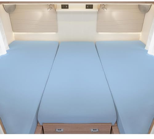 G BETTWARENSHOP – Spannbettlaken für Wohnmobile & Wohnwagen – Spannbetttuch Set 3-teilig für 2 Längsbetten + Mittelteil – Jersey Bettlaken für Heckbetten 2 Längsbetten + Mittelteil hellblau