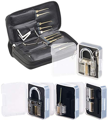 AGT Lock Pick Set: Lockpicking-Set mit 30-teiliger Dietrich-Tasche & 4 Übungs-Schlössern (Übungsschloss Lockpicking, Schloss zum üben, Türschloss)