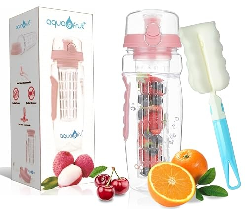 AquaFrut 32 oz Fruit Infuser Water Bottle BPA-Free Fruit Infusion Sports Bottle - Flip Top Lid with Drinking Spout, Leak Proof, Made of Durable Tritan. Free Recipe eBook (Rose)