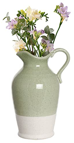 Green & White Flower Vase Pitcher Jug Vase Water Tight Decorative Earthenware Ceramic Table Centrepiece Spring Summer Easter Décor Gift Idea
