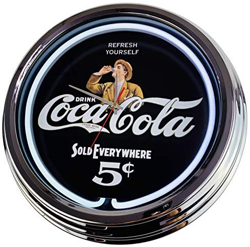 Neon Clock Coke 5-Cent WallClock Deko-Clock LeuchtClock USA 50's Style Retro NeonClock Dining Room Kitchen Living Room Office (White)