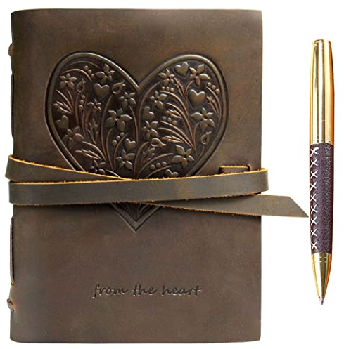 Leder Notizbuch Journal Herz Geprägt Reisetagebuch, Vintage Schreiben für Frauen Mädchen Teenager, Antike Weiche Rustikale Echtes Leder 17,8x12,8cm Geschenk, Tagebuch Skizzenbuch Travelers Notebook