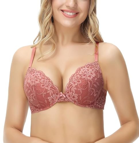 Deyllo Damen Push Up BH mit Blumen Spitze Schalen Bügel BH Gepolstert Elegant(Staubige Rose,80C)