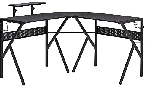 HOMCOM Bureau Gaming Bureau d'angle Bureau Gamer 125 x 125 cm en Forme de L avec Plateau en Fibre de Carbone, Support d'écran Porte-gobelet et Crochet pour Casque, Noir