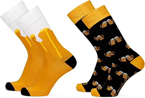 2 Paar Lustige Socken | gemusterte Socken mit verschiedenen Motiven und Farben | Mit Piqué-Komfortbund | Aus Baumwolle, Polyamid und Elasthan Farbe Bier Größe 36-41