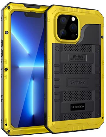 Beeasy for iPhone 13 Pro Max Case Waterproof Heavy Duty Shockproof Tough Metal Armour Cover Dustproof Built-in Screen Protector, 360 Full Body Military Protective Rugged Case for 13 Pro Max 6.7Yellow