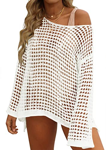 ZESICA Damen 2023 Sommer Häkeln Hollow Out Langarm Strand Bikini Badeanzug Mesh Cover Up Tunika Top, Aprikose, S